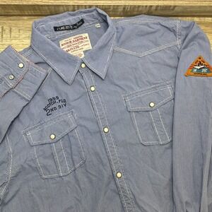 Scotch & Soda Men XXL Blue Micro Gingham Western Snap Button Graphic Shirt Yokes